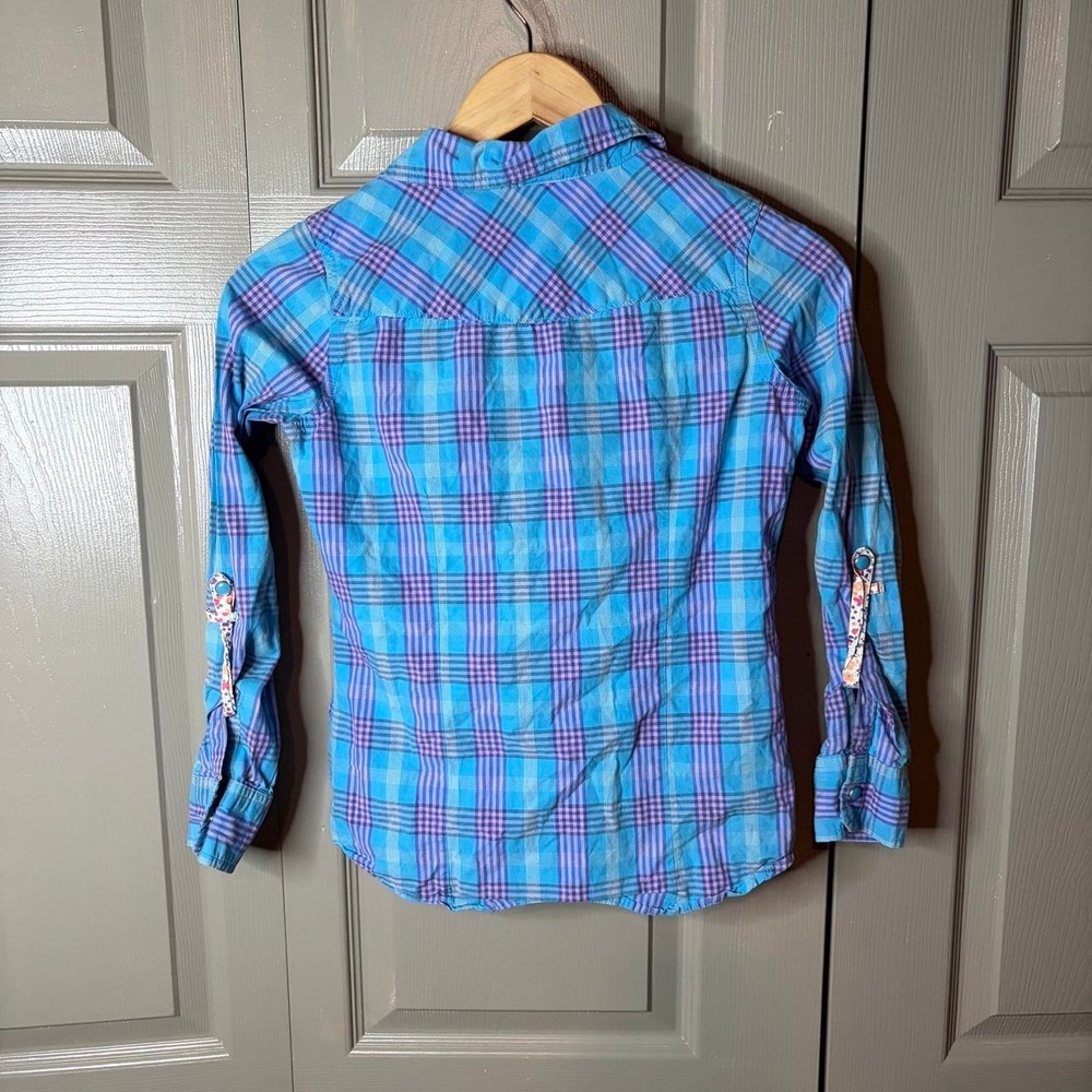 Mossimo Supply Co Blue Plaid Button Up Shirt Long Sleeve Roll Tab Women Size L - Picture 3 of 5